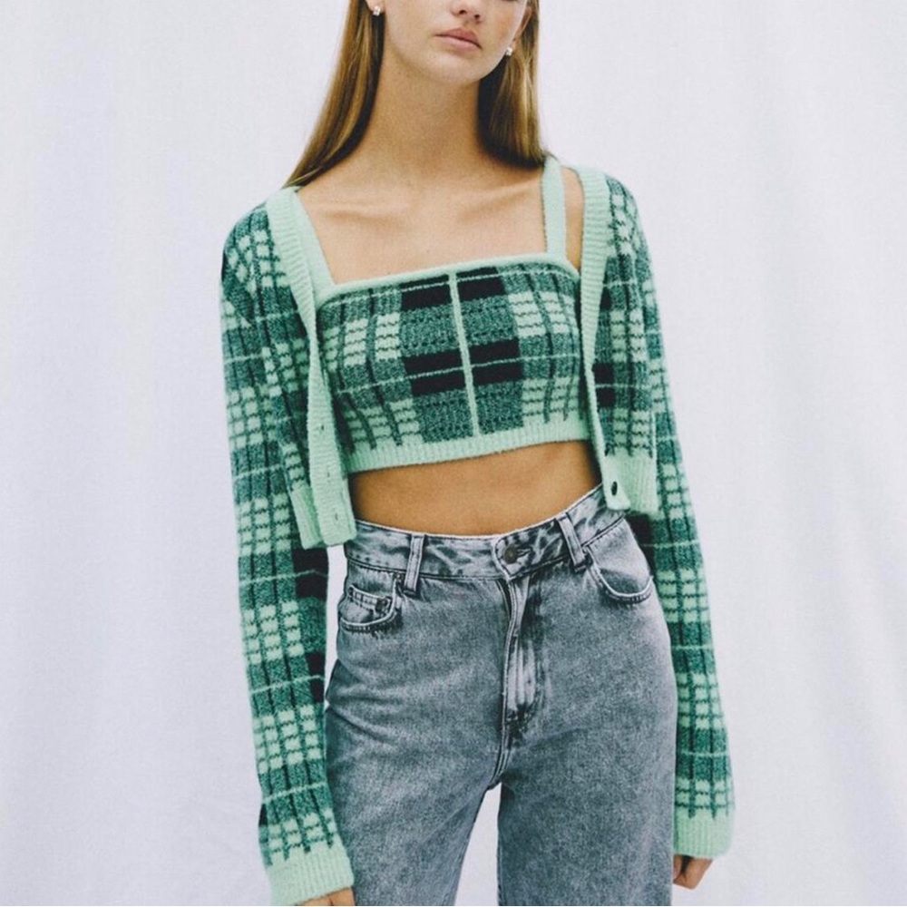 Clueless TANK TOP cropped mint plaid tartan M